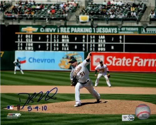  Dallas Braden Autographed 8x10 (Pitching pose, "5 9 10")