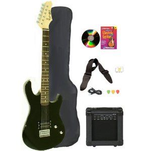 Black Full Size Electric Guitar with Practice Amp with Case Strap Cord Beginner Package and DVD