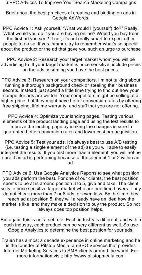 6 PPC Advices To Improve Your Search Marketing Campaings (c) pitstopmedias rate website seo