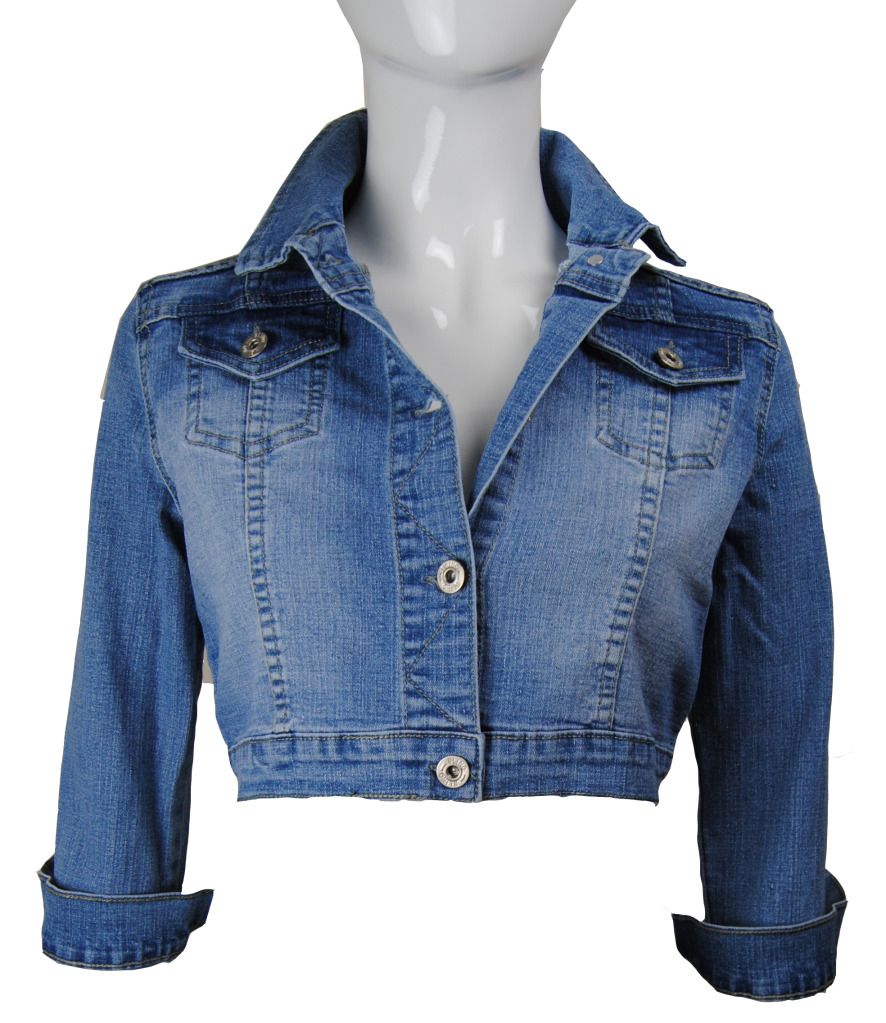 New Ladies Cropped Button Collored Faded Short Denim Jacket Womens Size