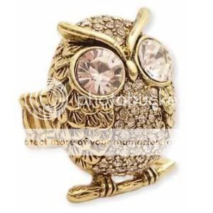Trendy ZAD Ice Crystal Covered Owl Stretch Ring Antique Gold Tone