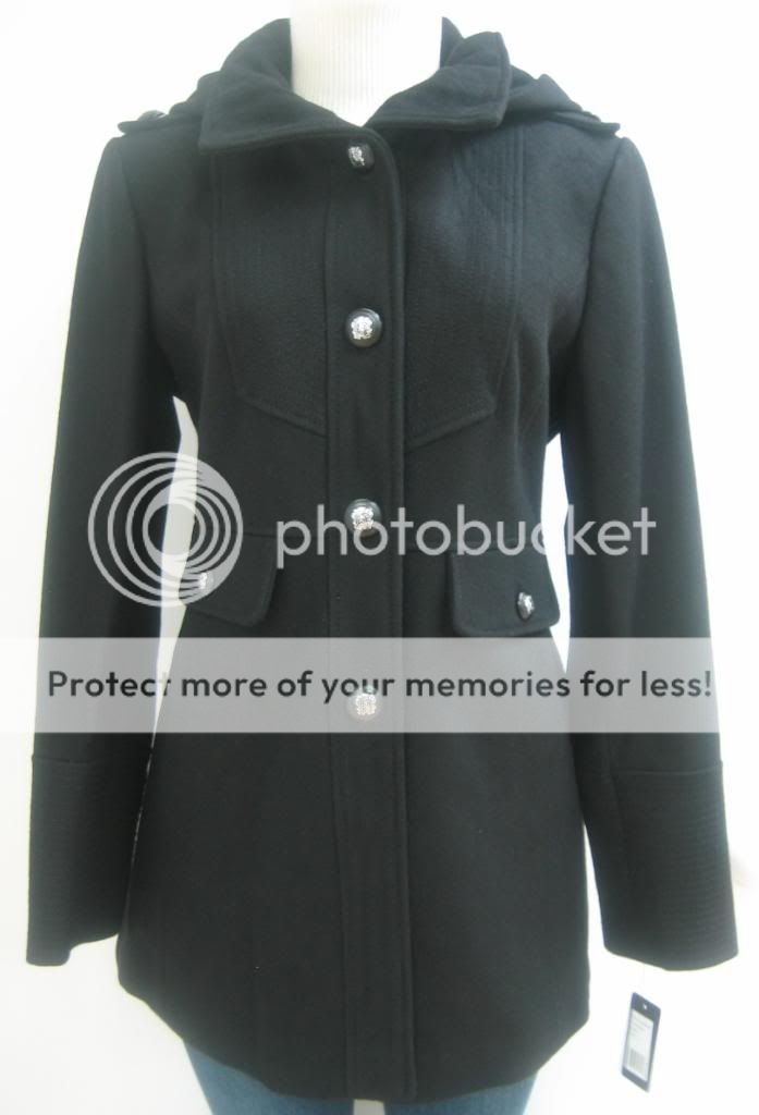NEW GUESS HOODED WOOL COAT, JACKET, BLACK, LARGE, NWT, MW374  