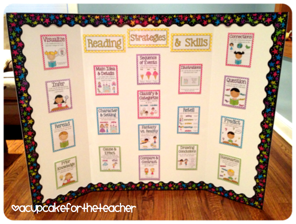 Reading skills title cards that have been arranged on a portable tri-fold to make this reading center easy to set up and store.